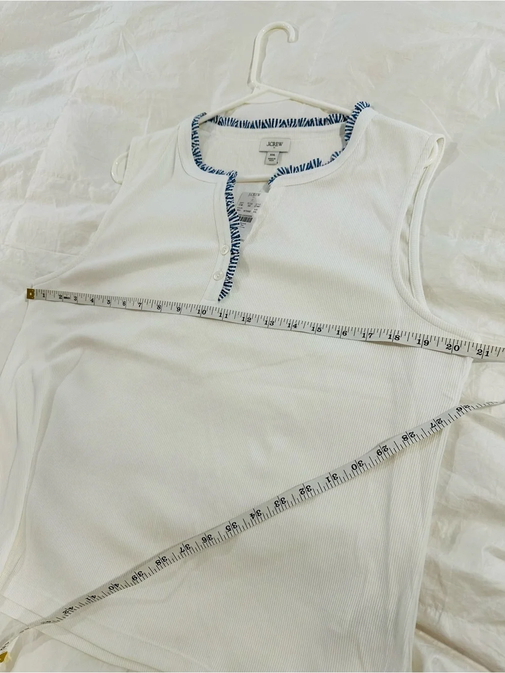 J. Crew White Ribbed Henley Tank Top with Blue Trim